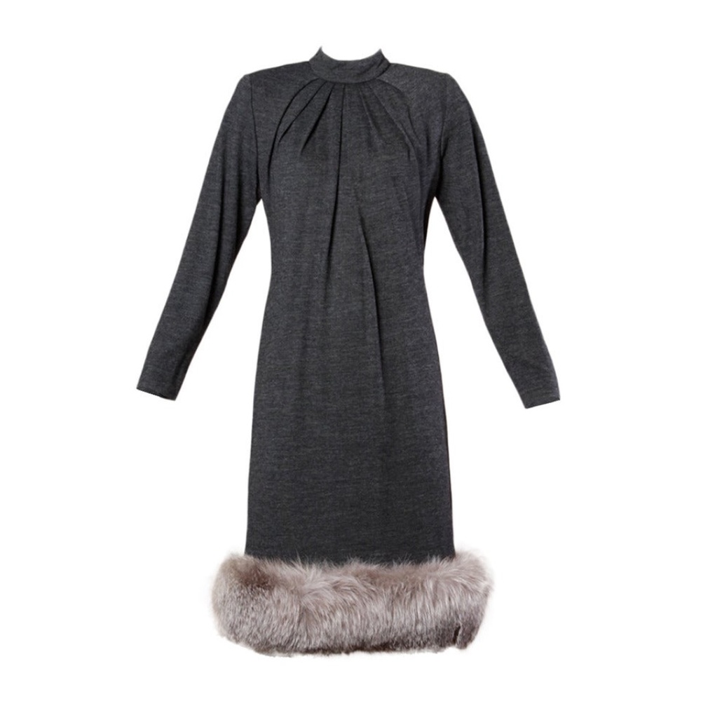 Victor Costa wool dress with fox fur trim